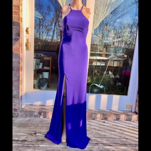 La Femme Purple Halter Neck Glam Formal Prom Dress - Picture 2 of 11